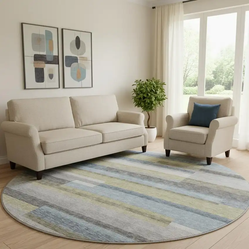 8' Gray Blue And Ivory Striped Washable Round Rug With UV Protection Photo 1