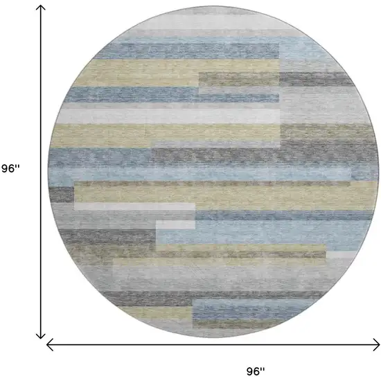 8' Gray Blue And Ivory Striped Washable Round Rug With UV Protection Photo 3