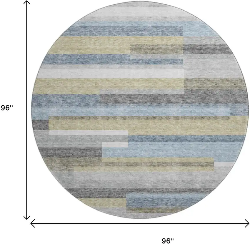 8' Gray Blue And Ivory Striped Washable Round Rug With UV Protection Photo 3