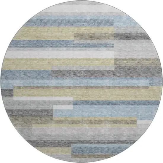8' Gray Blue And Ivory Striped Washable Round Rug With UV Protection Photo 1