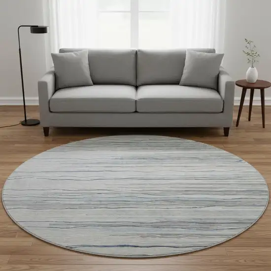 8' Gray Blue And Ivory Striped Washable Round Rug With UV Protection Photo 2