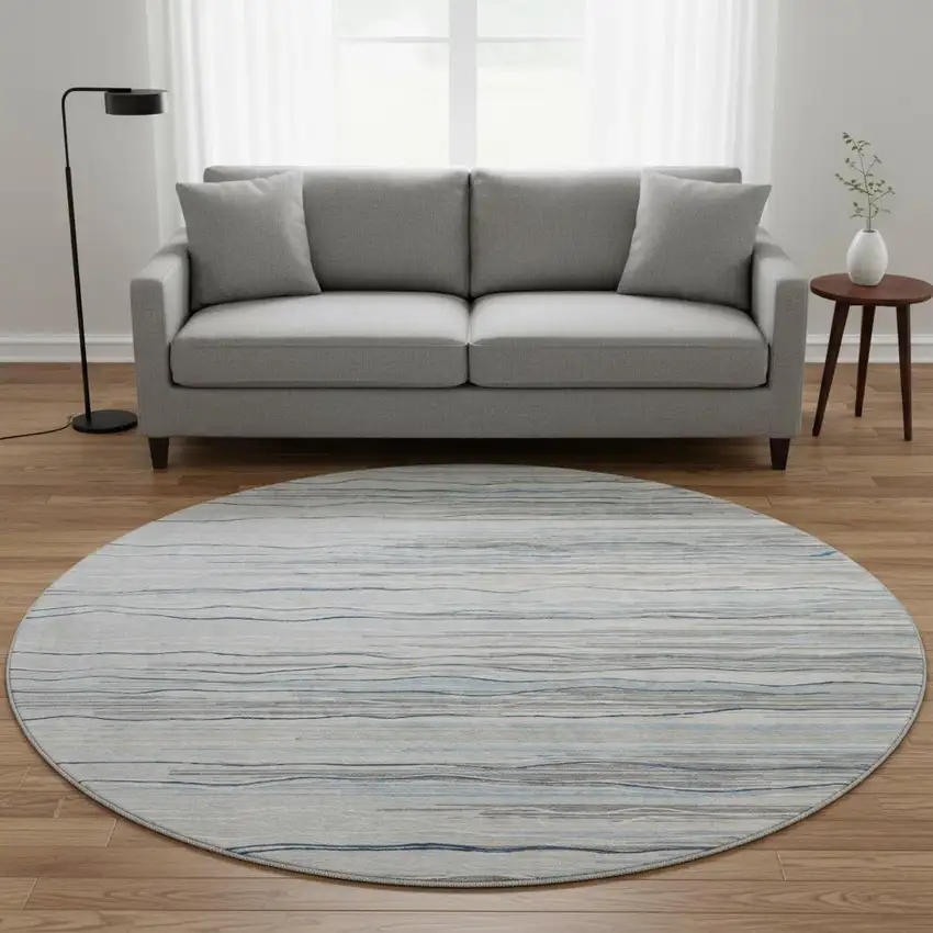 8' Gray Blue And Ivory Striped Washable Round Rug With UV Protection Photo 2