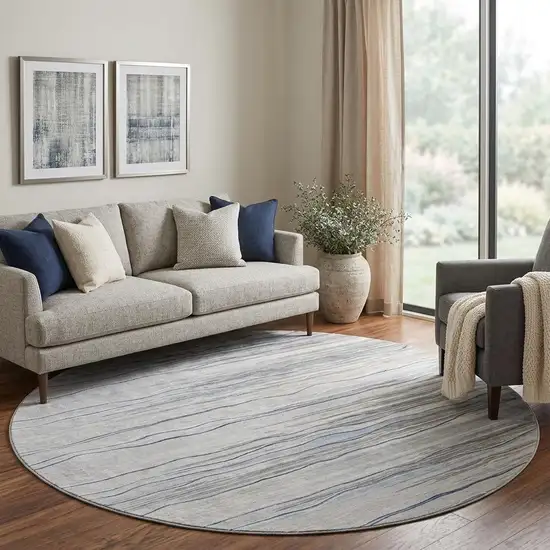 8' Gray Blue And Ivory Striped Washable Round Rug With UV Protection Photo 1
