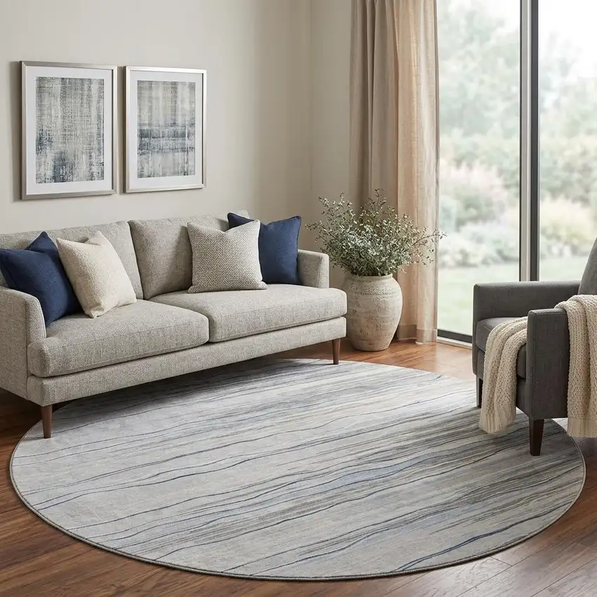 8' Gray Blue And Ivory Striped Washable Round Rug With UV Protection Photo 1
