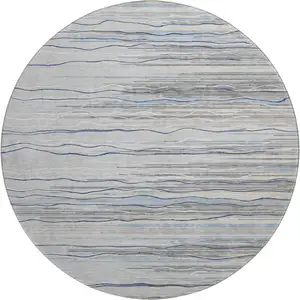 Photo of 8' Gray Blue And Ivory Striped Washable Round Rug With UV Protection