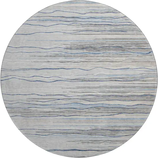 8' Gray Blue And Ivory Striped Washable Round Rug With UV Protection Photo 1