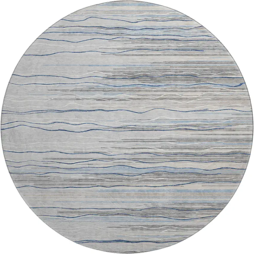 8' Gray Blue And Ivory Striped Washable Round Rug With UV Protection Photo 1