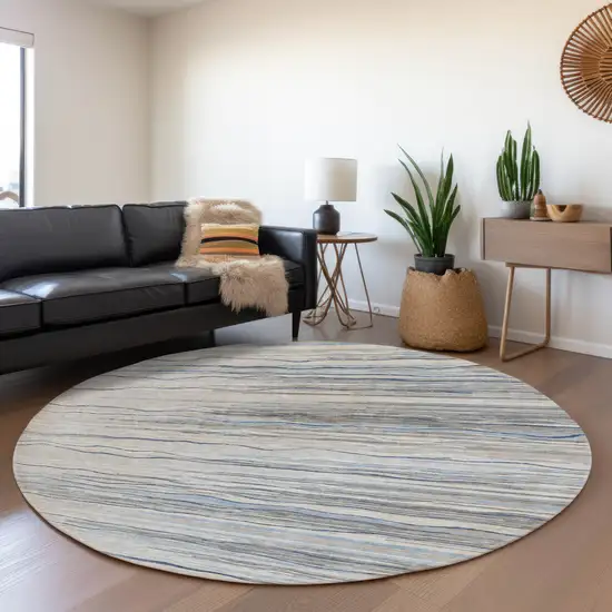 8' Gray Blue And Ivory Striped Washable Round Rug With UV Protection Photo 4