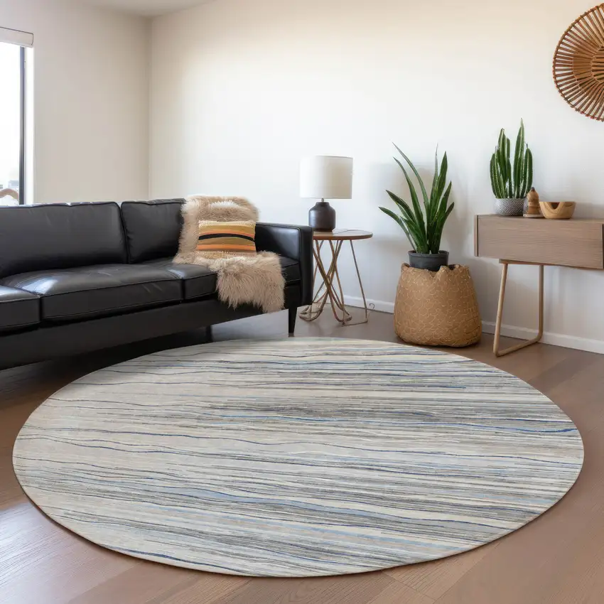 8' Gray Blue And Ivory Striped Washable Round Rug With UV Protection Photo 4