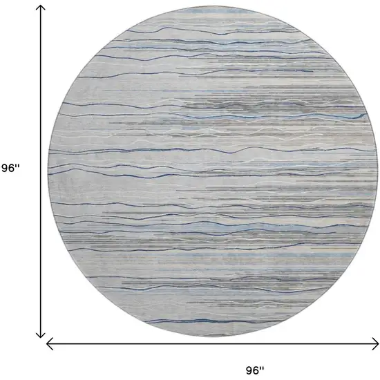 8' Gray Blue And Ivory Striped Washable Round Rug With UV Protection Photo 9
