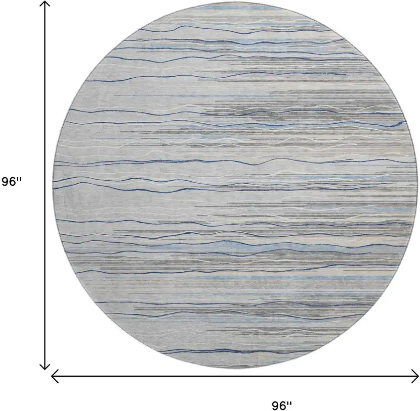 8' Gray Blue And Ivory Striped Washable Round Rug With UV Protection Photo 9