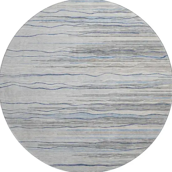 8' Gray Blue And Ivory Striped Washable Round Rug With UV Protection Photo 3