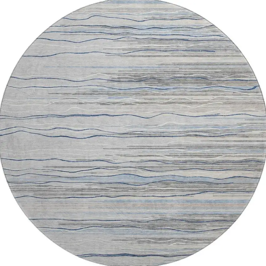 8' Gray Blue And Ivory Striped Washable Round Rug With UV Protection Photo 3