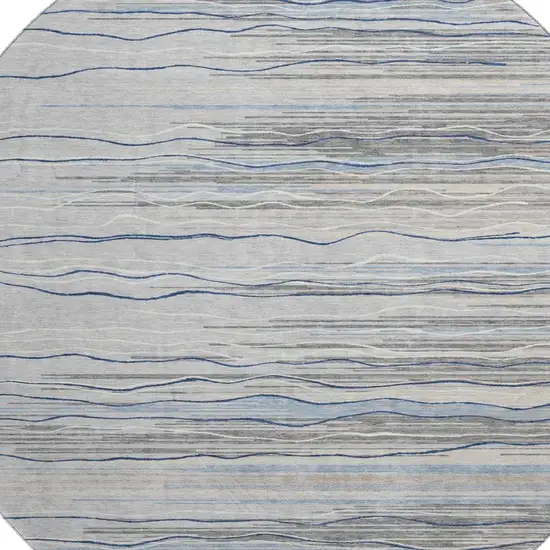 8' Gray Blue And Ivory Striped Washable Round Rug With UV Protection Photo 2