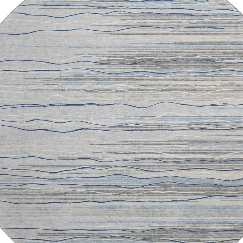 8' Gray Blue And Ivory Striped Washable Round Rug With UV Protection Photo 2