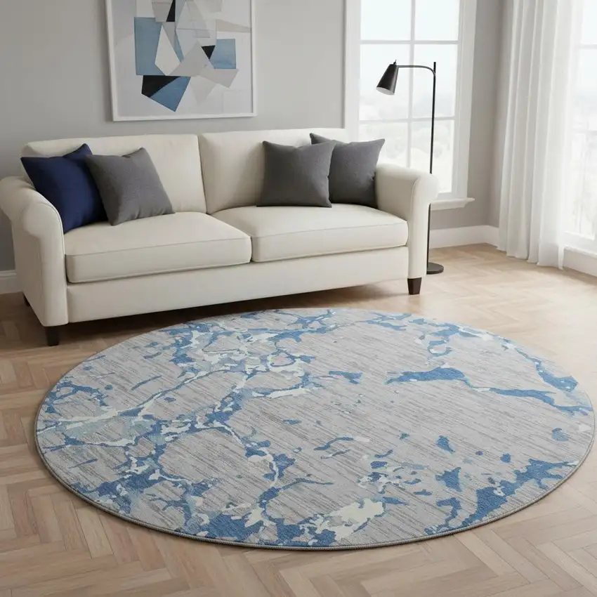 8' Gray Blue And Ivory Striped Washable Round Rug With UV Protection Photo 2