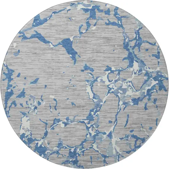 8' Gray Blue And Ivory Striped Washable Round Rug With UV Protection Photo 3