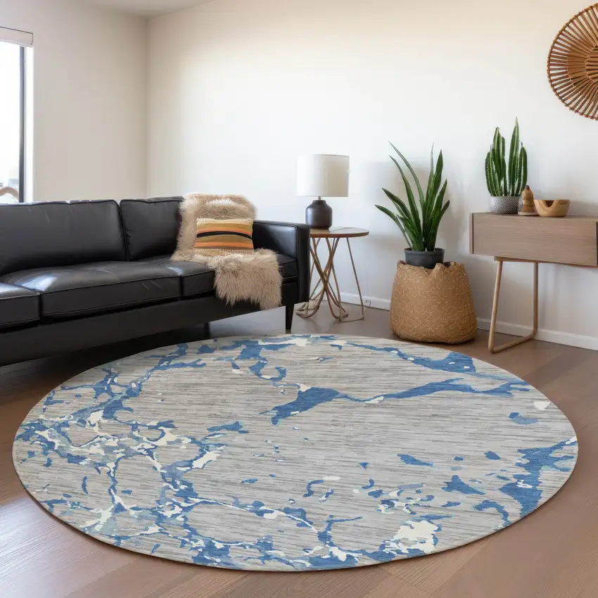 8' Gray Blue And Ivory Striped Washable Round Rug With UV Protection Photo 4