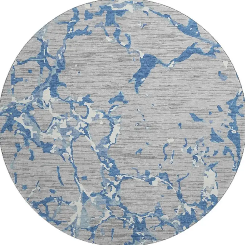 8' Gray Blue And Ivory Striped Washable Round Rug With UV Protection Photo 2