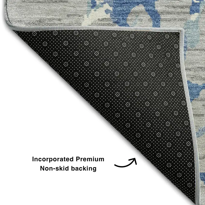 8' Gray Blue And Ivory Striped Washable Round Rug With UV Protection Photo 5