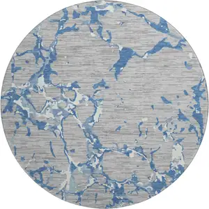 Photo of 8' Gray Blue And Ivory Striped Washable Round Rug With UV Protection