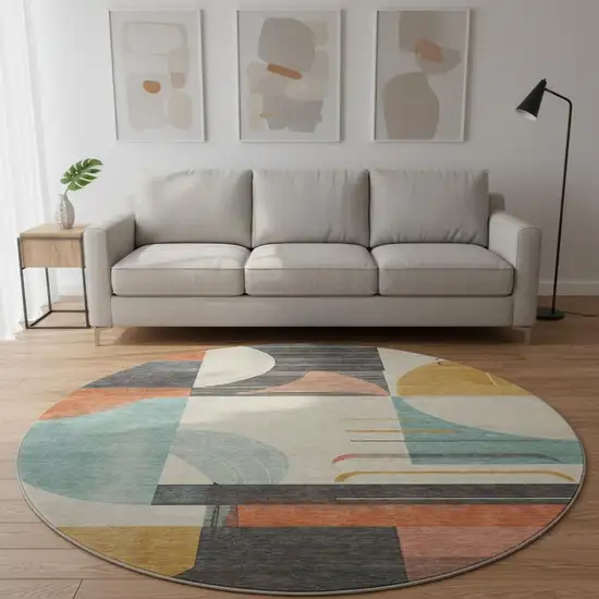8' Gray Blue And Orange Geometric Washable Round Rug With UV Protection Photo 2