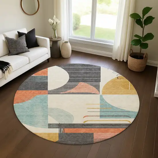 8' Gray Blue And Orange Geometric Washable Round Rug With UV Protection Photo 3