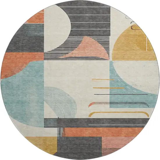 8' Gray Blue And Orange Geometric Washable Round Rug With UV Protection Photo 1
