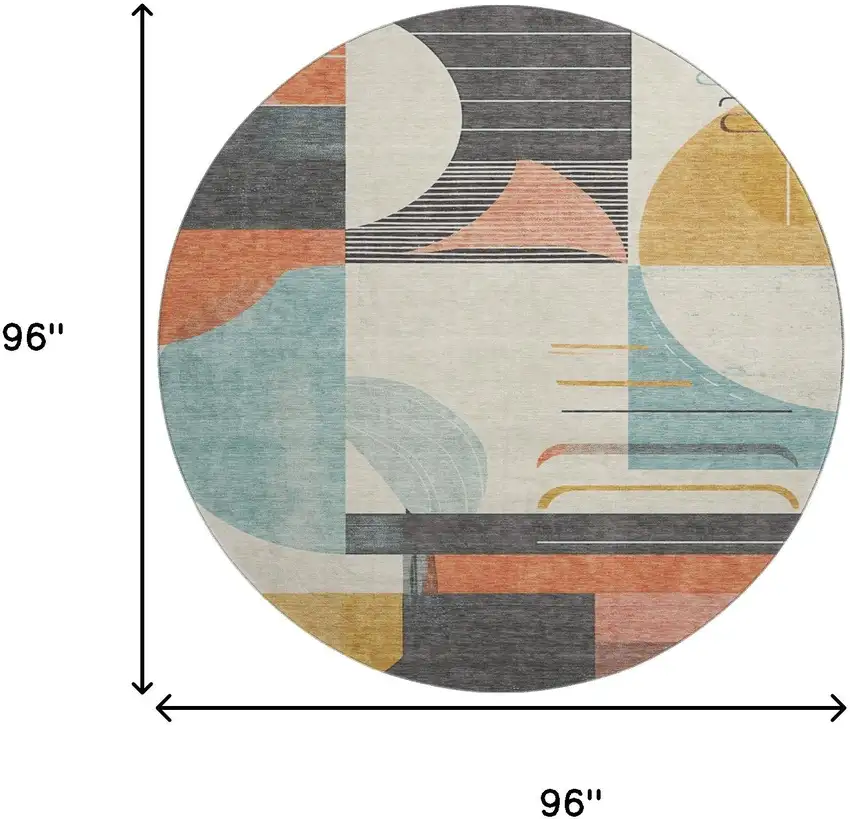 8' Gray Blue And Orange Geometric Washable Round Rug With UV Protection Photo 8