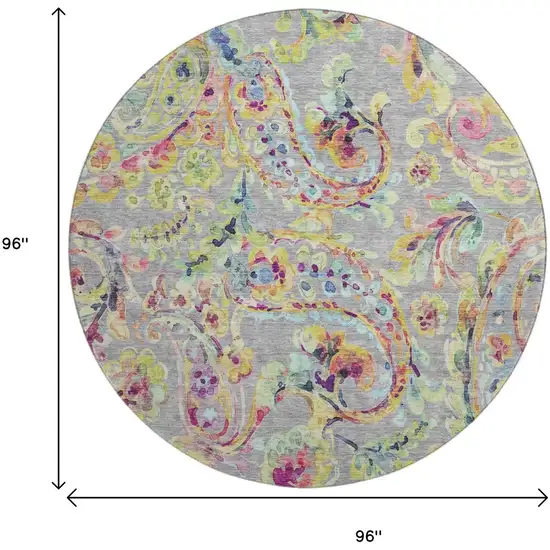 8' Gray Blue And Pink Paisley Washable Round Rug With UV Protection Photo 3