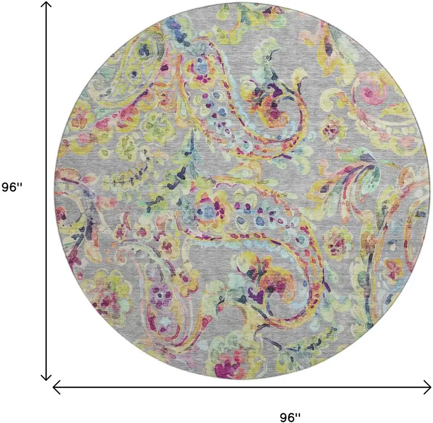 8' Gray Blue And Pink Paisley Washable Round Rug With UV Protection Photo 3