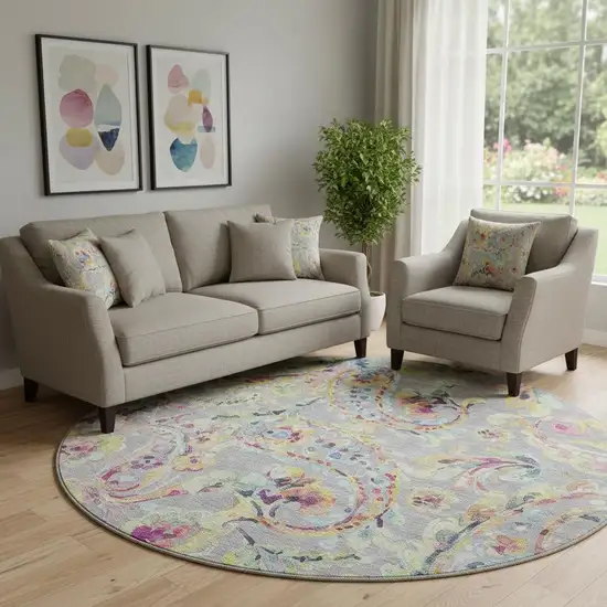 8' Gray Blue And Pink Paisley Washable Round Rug With UV Protection Photo 1