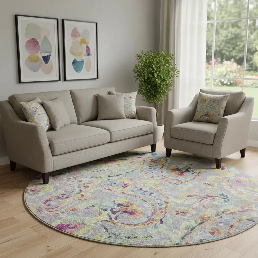 8' Gray Blue And Pink Paisley Washable Round Rug With UV Protection Photo 1