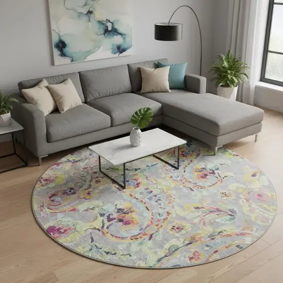 8' Gray Blue And Pink Paisley Washable Round Rug With UV Protection Photo 2
