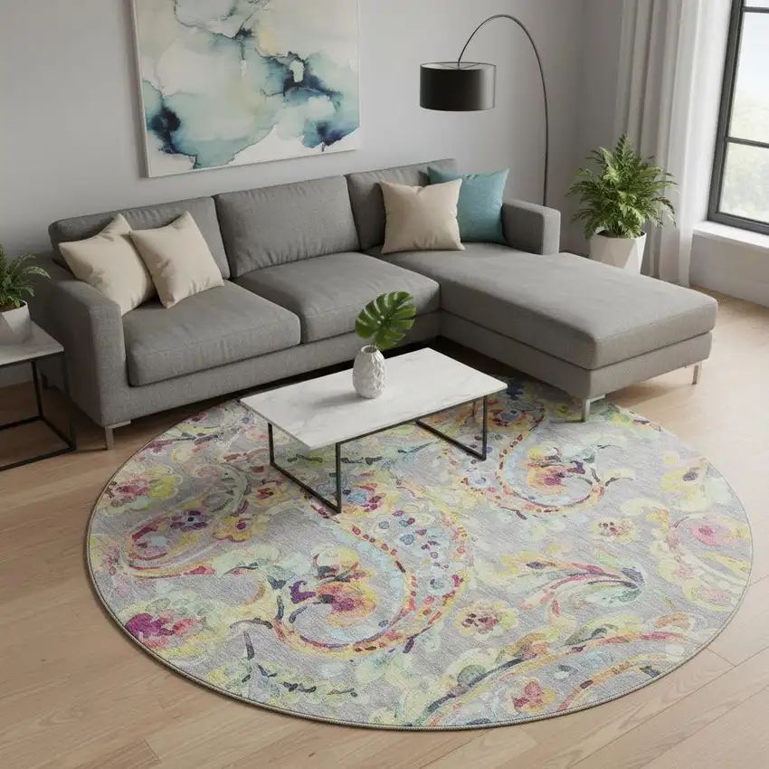 8' Gray Blue And Pink Paisley Washable Round Rug With UV Protection Photo 2