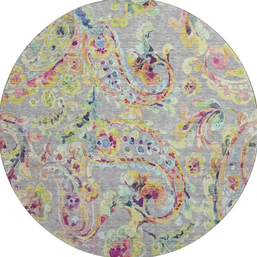 8' Gray Blue And Pink Paisley Washable Round Rug With UV Protection Photo 4