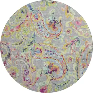Photo of 8' Gray Blue And Pink Paisley Washable Round Rug With UV Protection