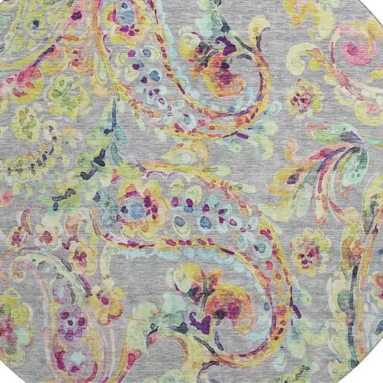 8' Gray Blue And Pink Paisley Washable Round Rug With UV Protection Photo 3