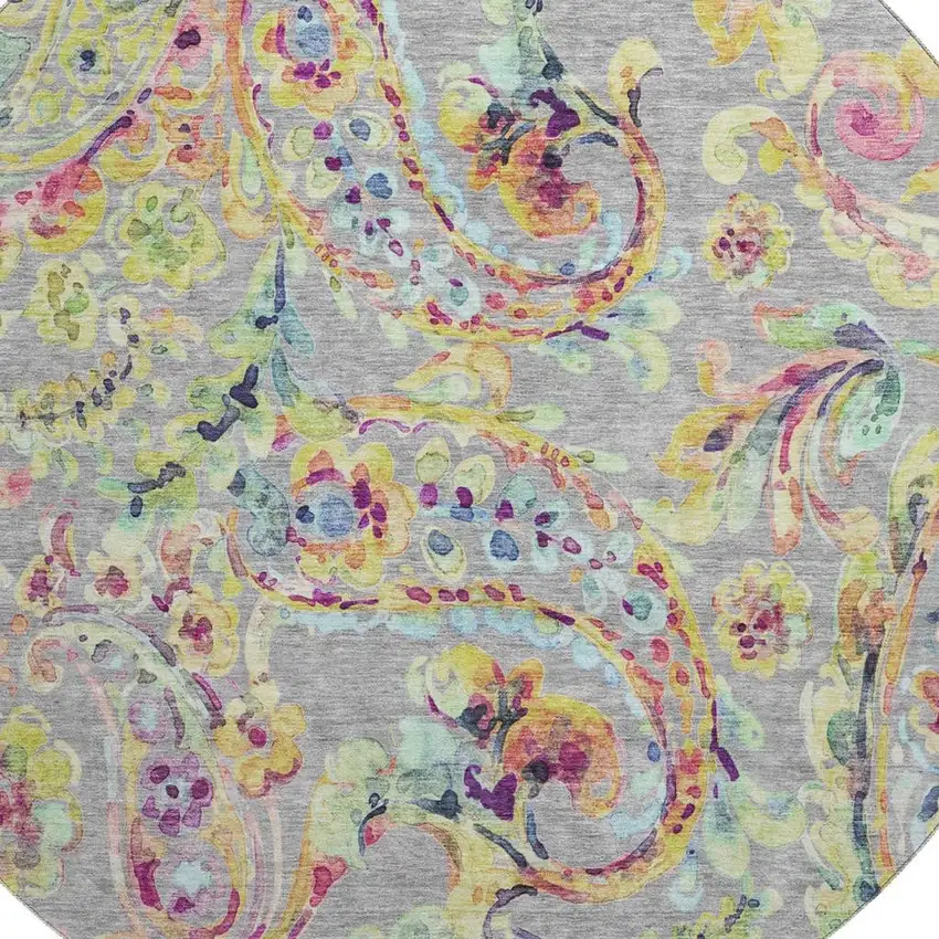 8' Gray Blue And Pink Paisley Washable Round Rug With UV Protection Photo 3