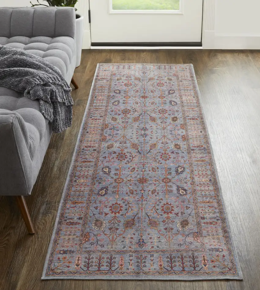 8' Gray Blue And Red Floral Power Loom Runner Rug Photo 5