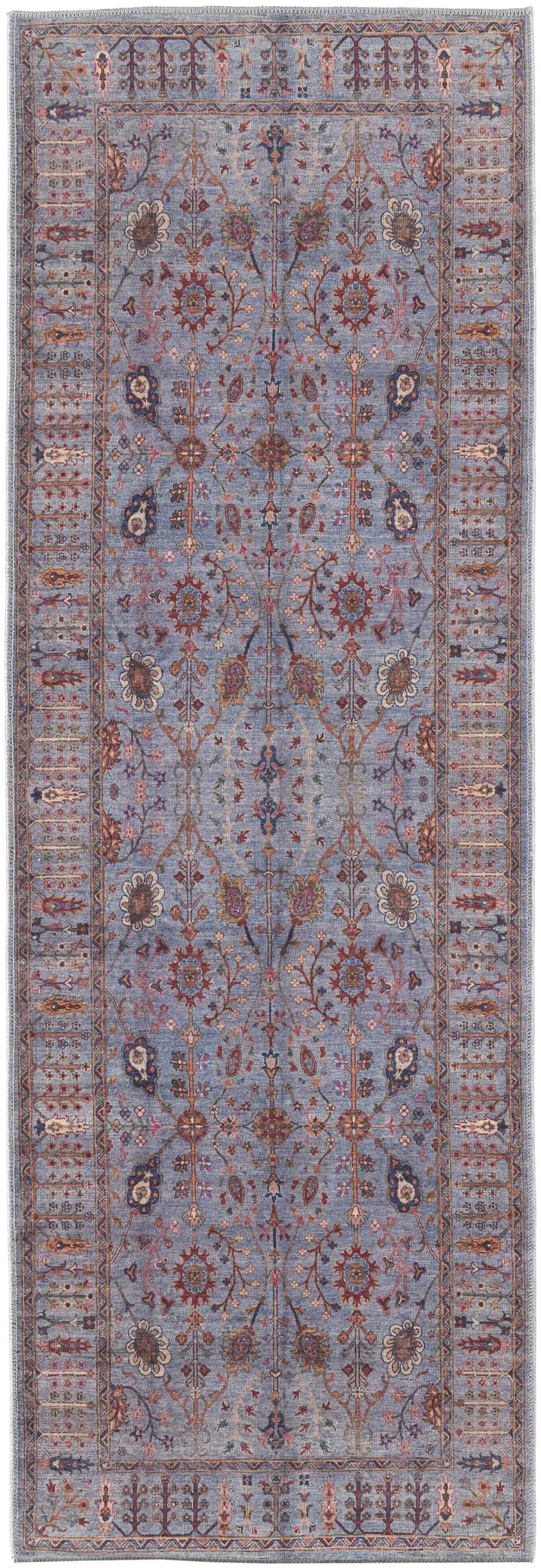 8' Gray Blue And Red Floral Power Loom Runner Rug Photo 1