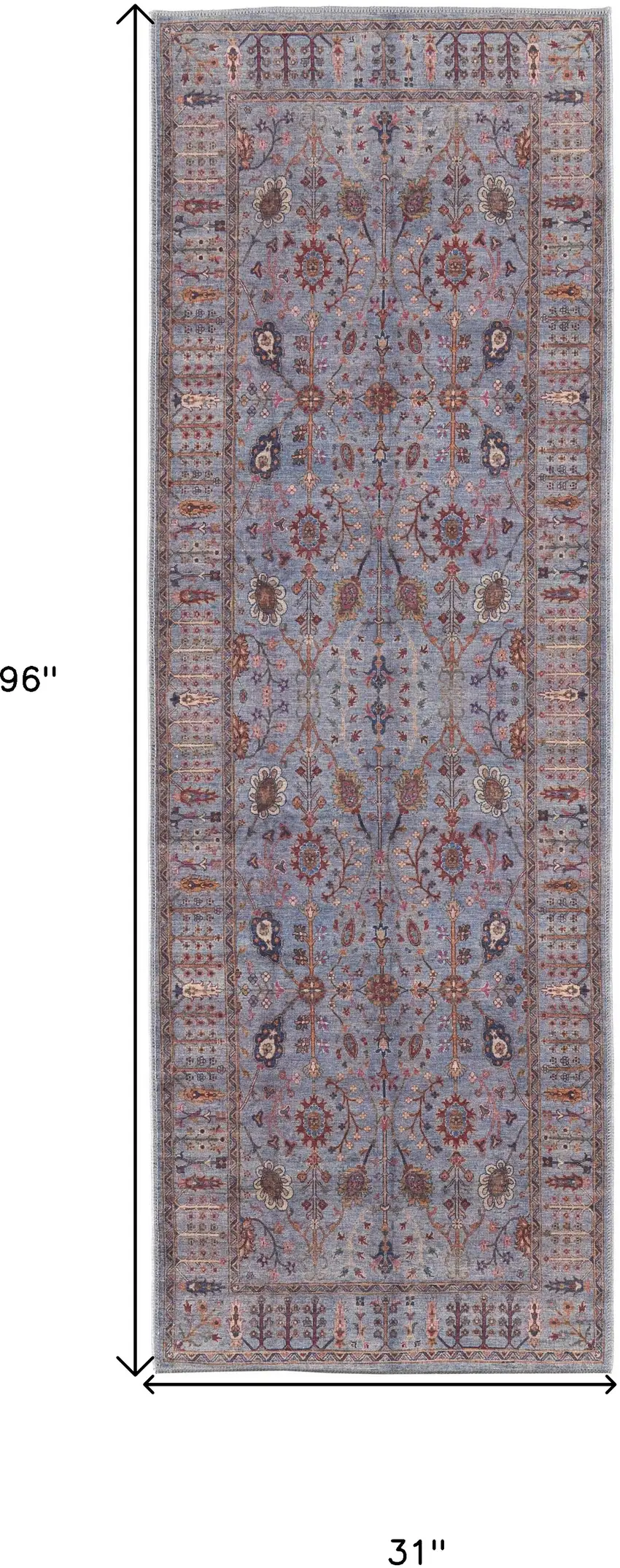 8' Gray Blue And Red Floral Power Loom Runner Rug Photo 7