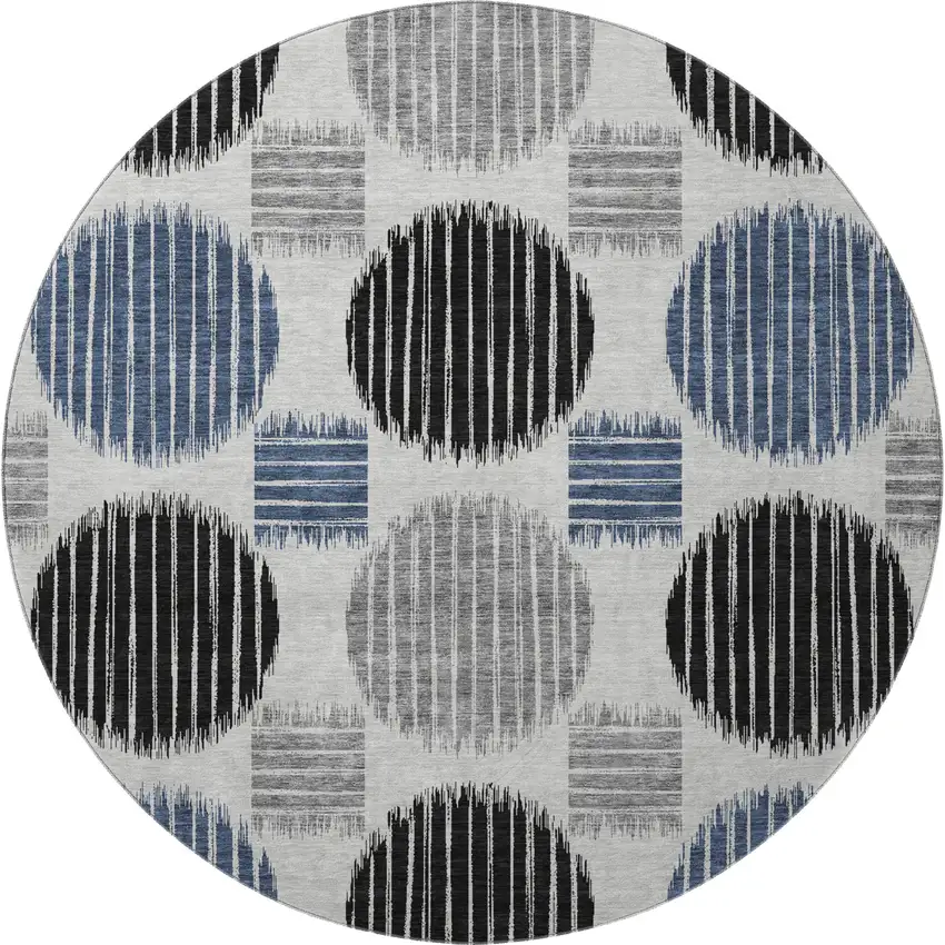 8' Gray Blue And Silver Geometric Washable Round Rug With UV Protection Photo 4