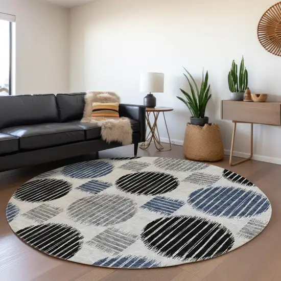 8' Gray Blue And Silver Geometric Washable Round Rug With UV Protection Photo 5