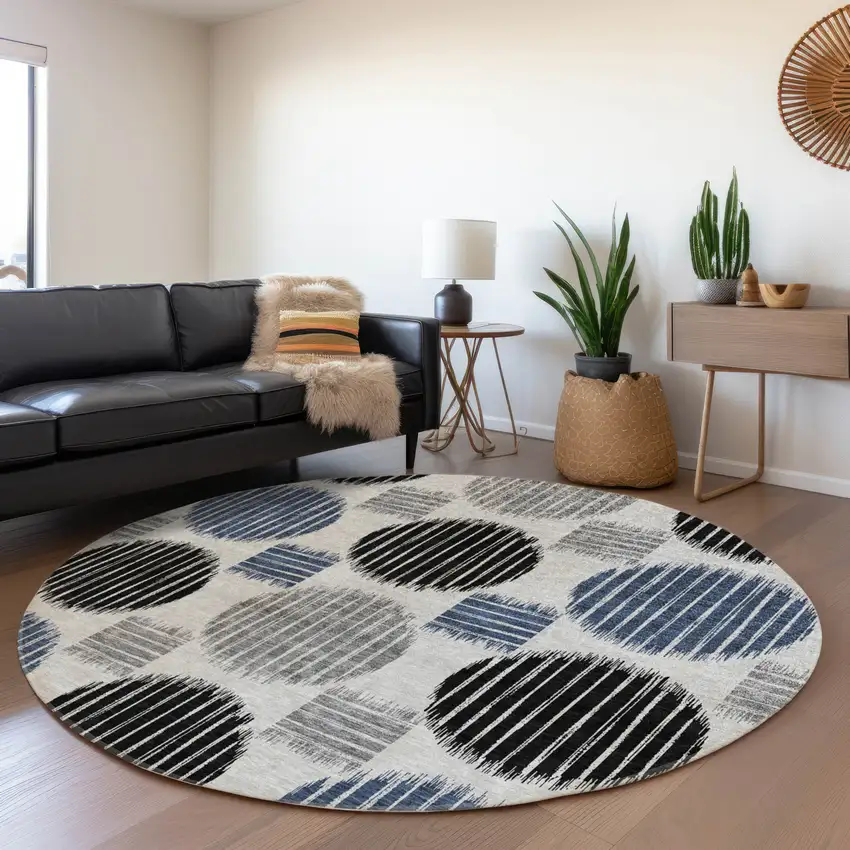 8' Gray Blue And Silver Geometric Washable Round Rug With UV Protection Photo 5