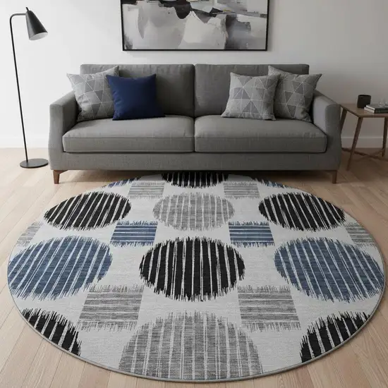 8' Gray Blue And Silver Geometric Washable Round Rug With UV Protection Photo 2