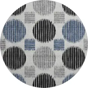 Photo of 8' Gray Blue And Silver Geometric Washable Round Rug With UV Protection