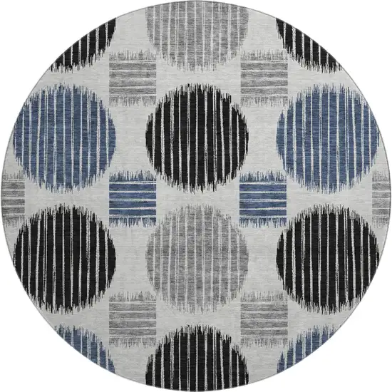 8' Gray Blue And Silver Geometric Washable Round Rug With UV Protection Photo 1