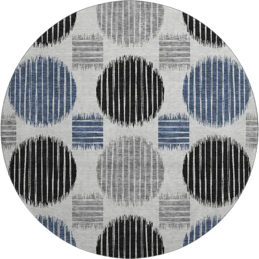 8' Gray Blue And Silver Geometric Washable Round Rug With UV Protection Photo 1
