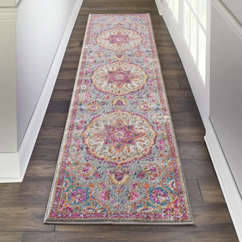10' Gray Blue And Yellow Medallion Runner Rug Photo 4